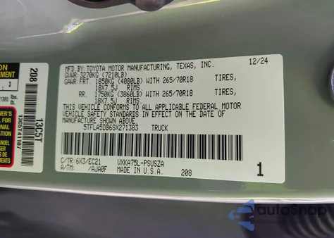 2025 Toyota Tundra Sr5 4Wd z USA, uszkodzony, nr VIN 5TFLA5DB6SX271383